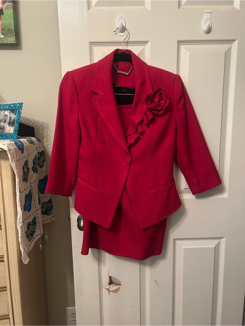 Red Women's Dress Suit Jacket with Flower Accent